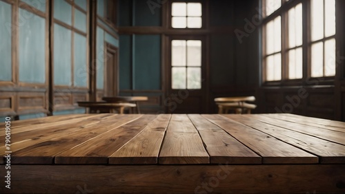 Empty wooden table top and blur bokeh wood room interior background in clean and bright, studio warm light 