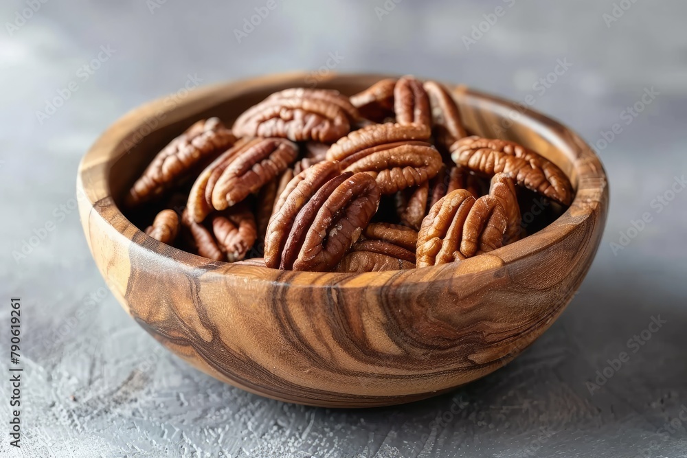 A wooden bowl filled with rich, whole pecan nuts sits atop a textured surface, offering a healthy, tasty snack option. A wooden bowl filled with rich, whole pecan nuts sits atop a textured surface, offering a healthy, tasty snack option.