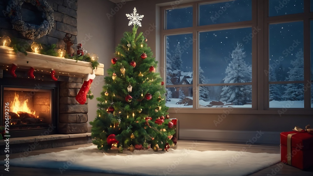 Cozy Christmas ambiance with a beautifully decorated tree illuminating the room's interior Cozy Christmas ambiance with a beautifully decorated tree illuminating the room's interior
