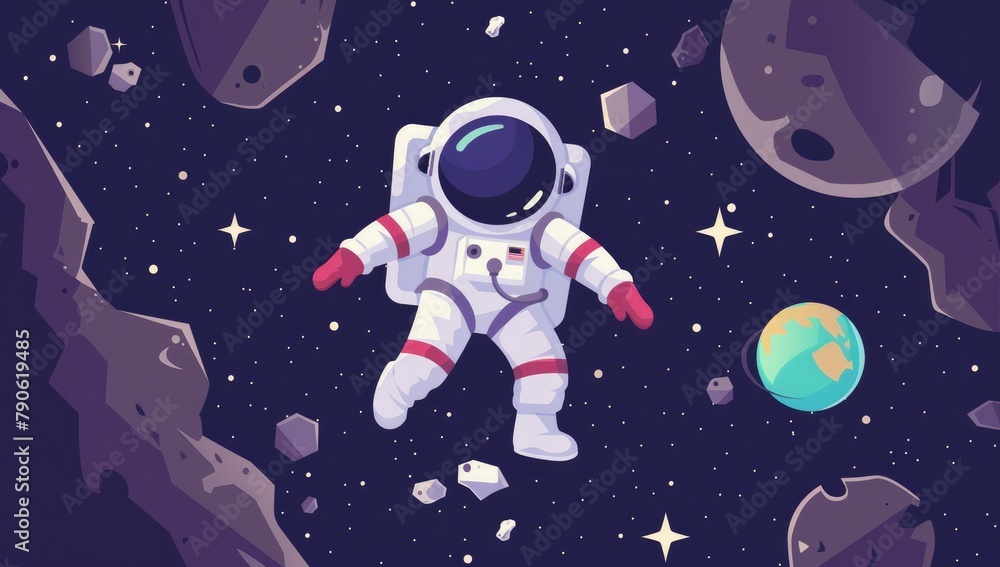 A cartoon space astronaut surrounded by stars while flying in space and the background is dark purple.