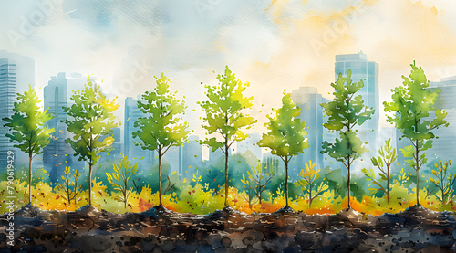 Greening the City: Watercolor Tribute to Urban Reforestation Efforts