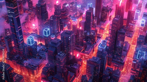Stunning isometric cityscape glowing with cyberpunk aesthetics at night #790619634