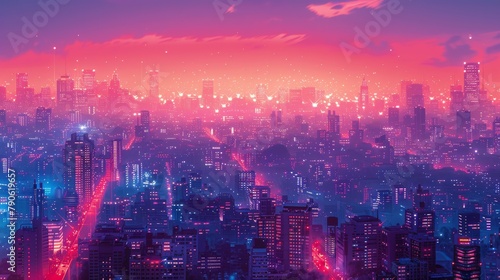 Stunning isometric cityscape glowing with cyberpunk aesthetics at night #790619657