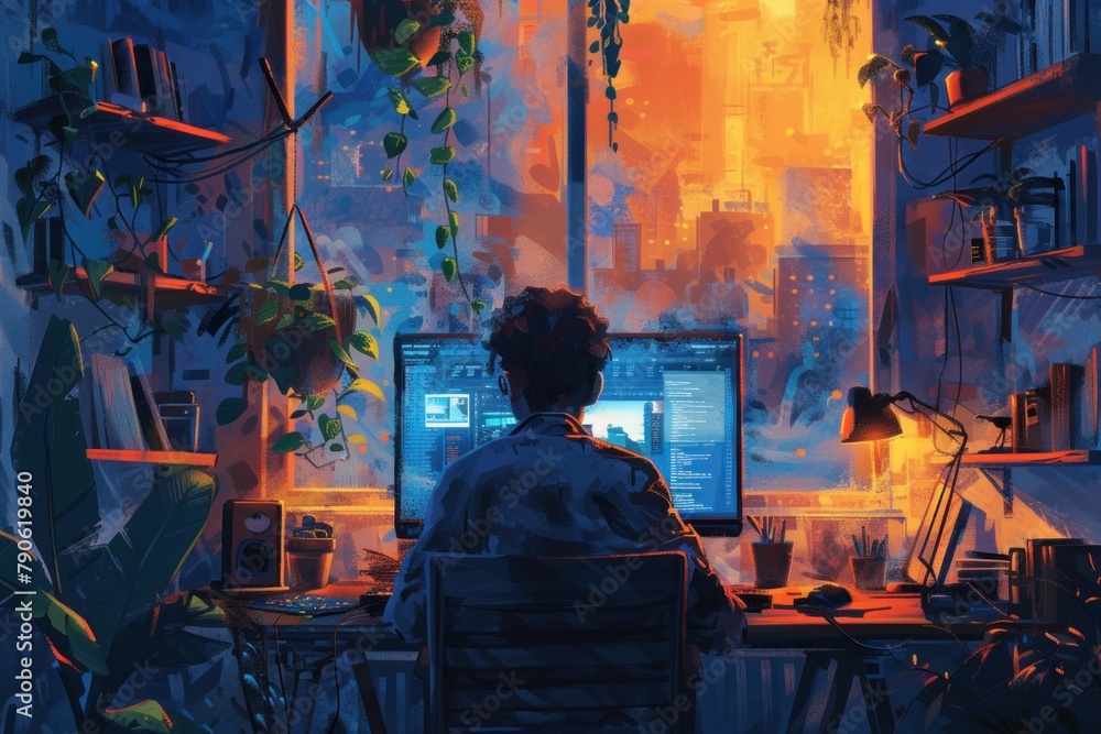 A stylish young man, surrounded by urban charm, engrosses himself in his computer, exemplifying the contemporary work-from-home lifestyle. A stylish young man, surrounded by urban charm, engrosses himself in his computer, exemplifying the contemporary work-from-home lifestyle.