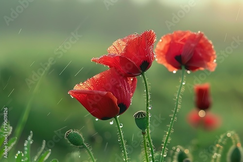 A close-up of delicate poppies, their vibrant red petals contrasted against a soft, blurred background of green fields photo
