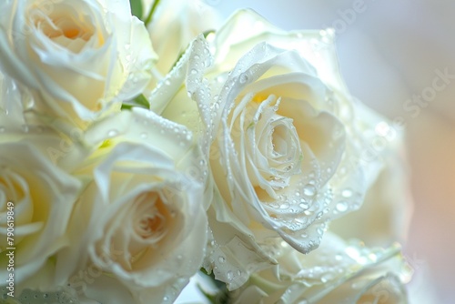 A close-up of delicate white roses, dew-kissed petals, nestled in a bridal bouquet. Soft, diffused lighting highlights their purity against a subtle, creamy background