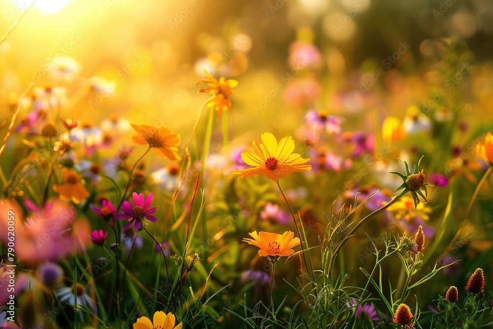 A close-up of wildflowers, vibrant colors and diverse species scattered across a lush meadow, golden hour sunlight casting soft, warm light