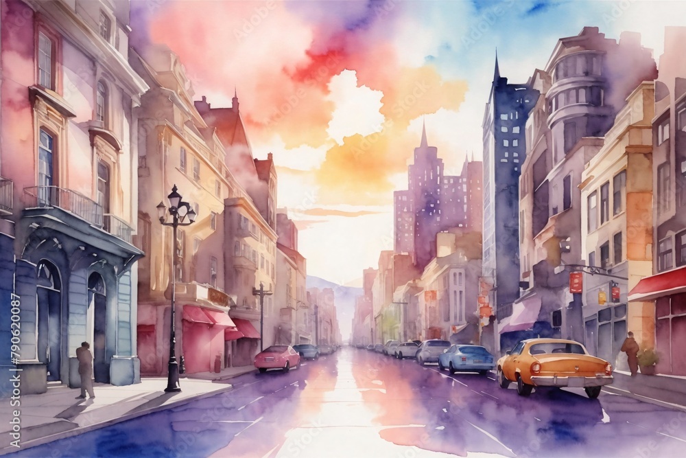 City Watercolor Landscape Background, Watercolor City Road and Buildings Scenery Wallpaper, watercolor painting of City, Beautiful City Wallpaper, City Painting, AI Generative