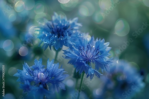 A close-up photograph of a cluster of cornflowers, detailed texture visible, with dewdrops on petals, in the early morning light
