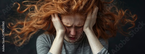 Ginger girl removing her hair, head in her hands, grey blouse against a black background, curly, untidy hair obscuring her face photo