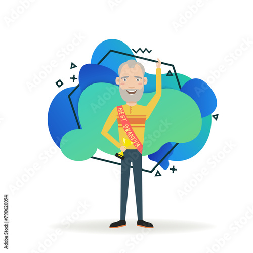 Best grandpa with award cup. Senior man with shoulder strap ribbon and best grandpa inscription. Vector illustration. Success, retirement, pensioner concept for banner, website design or landing page