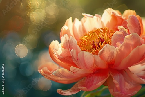 Fototapeta Naklejka Na Ścianę i Meble -  A detailed close-up image of a coral peony flower, capturing its vibrant color and lush, full bloom