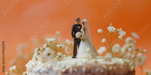 Close up of pretty figures of newlyweds as an element of wedding cake decoration. Soft orange background.