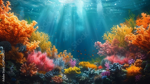 Vibrant underwater seascape with colorful coral reefs and sun rays penetrating blue ocean water photo
