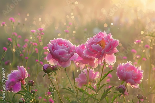A high-resolution photograph of vibrant pink peonies, symbolizing prosperity and romance, nestled in a lush wildflower meadow under the soft glow of dawn photo