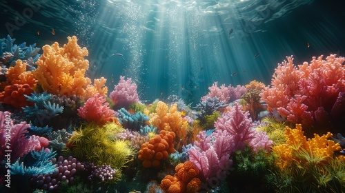 Vibrant underwater seascape with colorful coral reefs and sun rays penetrating blue ocean water photo