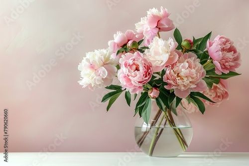 A photograph of lush, full bloom peonies symbolizing prosperity and romance, arranged in a modern glass vase, on a minimalist white table against a soft pastel wall