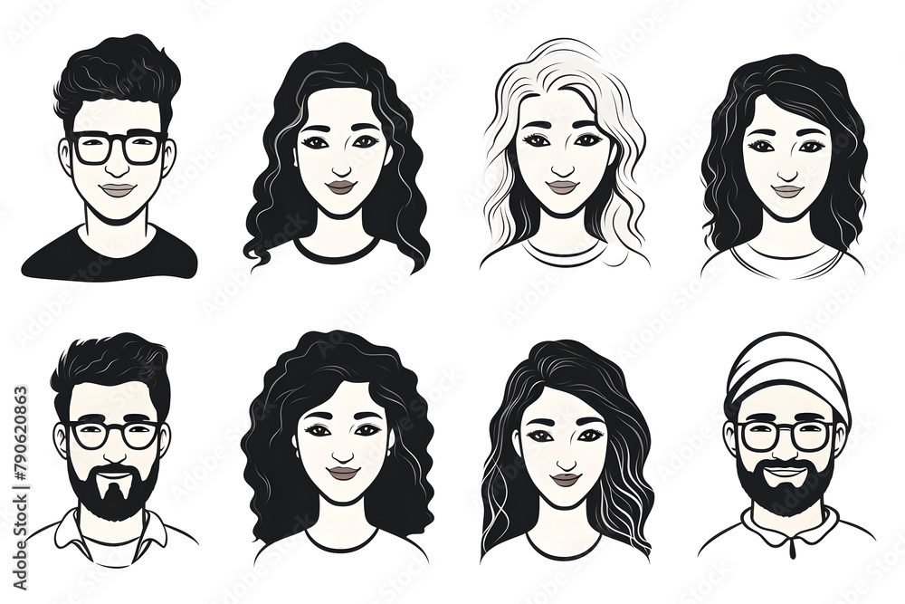 Set of doodle people faces black and white, minimalist avatars line drawing Set of doodle people faces black and white, minimalist avatars line drawing