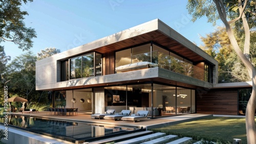 Exterior view of multiple  modern house. Architecture 3d rendering of minimal modern house with natural landscape. Front of modern House background. © Pha