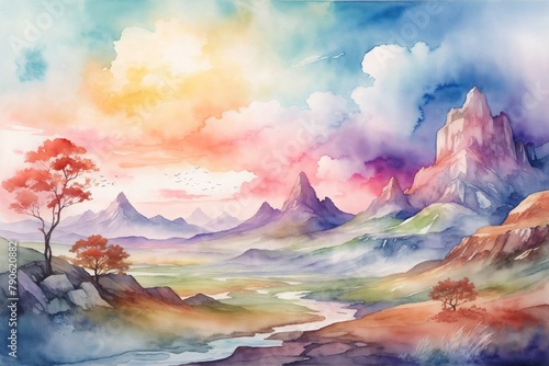 Watercolor Landscape Background, Watercolor Mountain Scenery Wallpaper, Watercolor Painting of Nature, Nature Wallpaper, abstract landscape painting, Hand painted nature scene, AI Generative