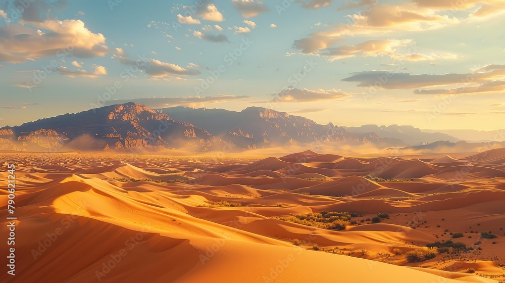 Naklejka premium Wide shot of the desert dunes, golden hour, mountains in background. Generative AI.