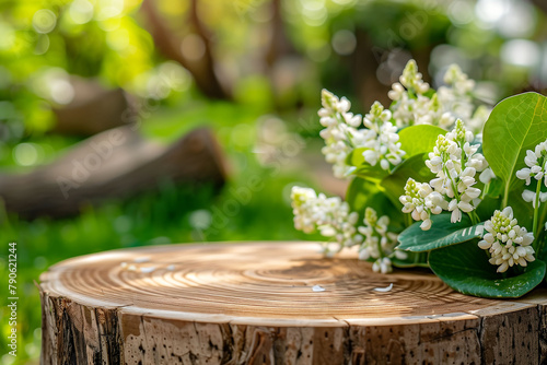 spring summer autnmn winter wooden podium mockup for cosmetics, products,perfumes or jewelry with muguet background，flower and forest photo