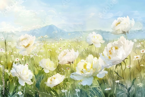 Fototapeta Naklejka Na Ścianę i Meble -  A vibrant watercolor illustration of white peonies blooming in a wild meadow, with a soft focus on the flowers against a dreamy background of wildflowers and distant mountains under a clear blue sky. 