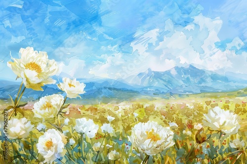 Fototapeta Naklejka Na Ścianę i Meble -  A vibrant watercolor illustration of white peonies blooming in a wild meadow, with a soft focus on the flowers against a dreamy background of wildflowers and distant mountains under a clear blue sky. 
