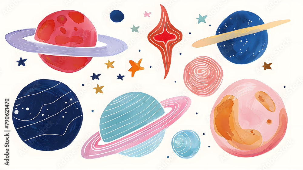 Hand drawn colorful watercolor space set of planet isolated of white background	