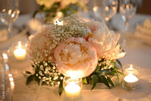 A wedding centerpiece featuring peonies in soft pastel colors, surrounded by delicate baby's breath and green foliage, set on an elegant white tablecloth.  photo