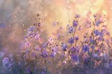 An artistic interpretation of wildflowers and wild violets at twilight, blending the flora into an ethereal, dreamy landscape with a focus on the play of twilight colors on the delicate petals.
