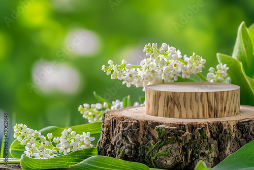 spring summer autnmn winter wooden podium mockup for cosmetics, products,perfumes or jewelry with muguet background，flower and forest © LeoOrigami