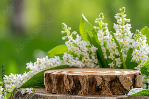 spring summer autnmn winter wooden podium mockup for cosmetics, products,perfumes or jewelry with muguet background，flower and forest