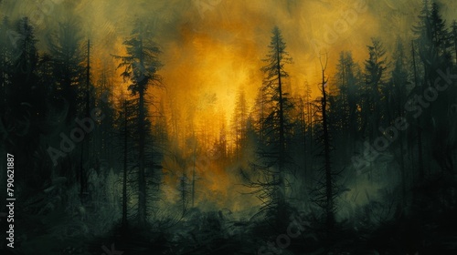 Mystical forest scene with fog  moonlight  and shimmering waters under a haunted sky