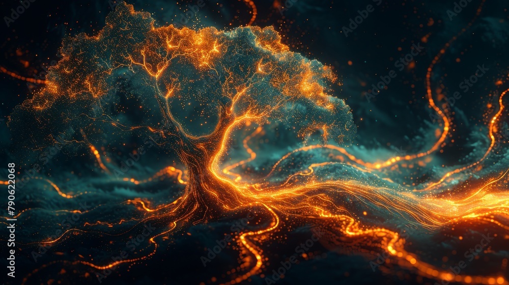 Stunning fractal tree with a dynamic black and orange background, perfect for modern art and abstract concepts Stunning fractal tree with a dynamic black and orange background, perfect for modern art and abstract concepts