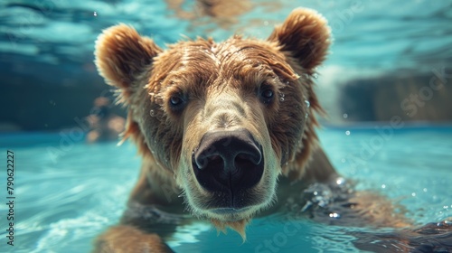 Hilarious underwater scene bear in pool plays deep dive action, Ai Generated.