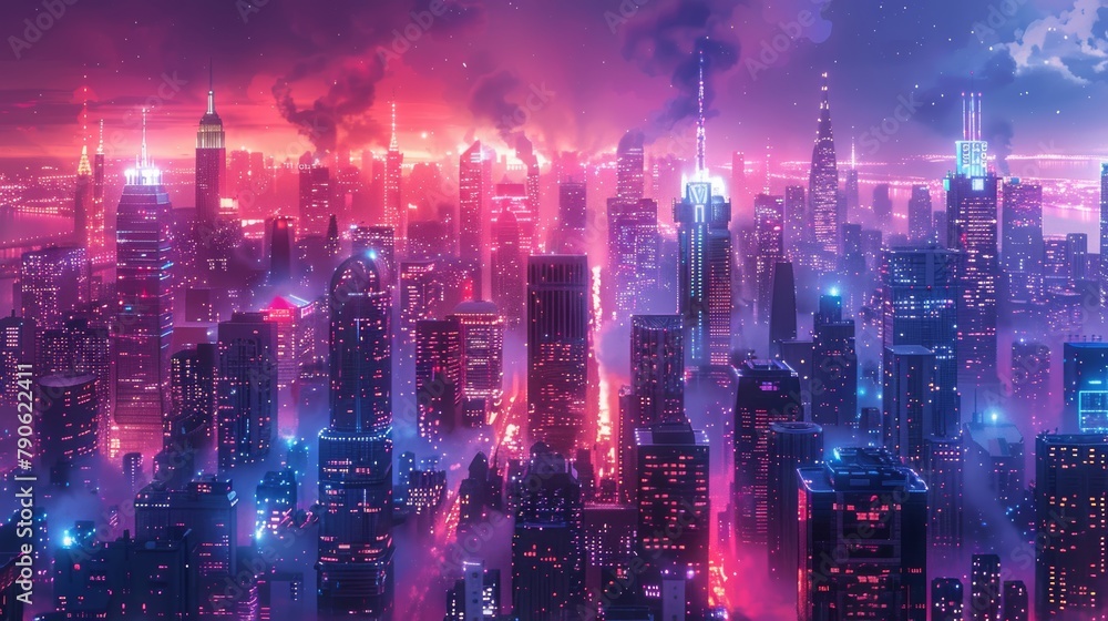 Futuristic cityscape in red haze: Skyscrapers, glowing lights and dynamic atmosphere