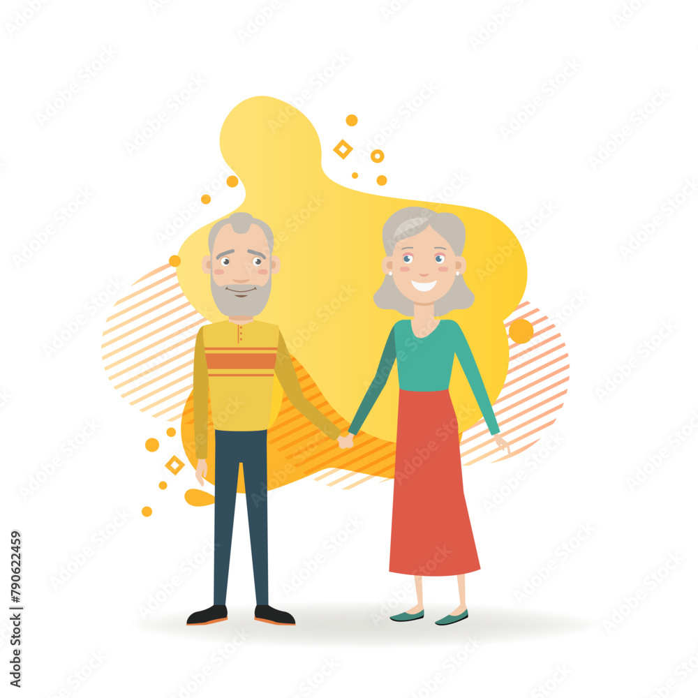 Happy senior couple holding hands. Flat vector illustration. Old man and woman happy together. Retirement, lifestyle, love, family concept for web design, banner, landing page Happy senior couple holding hands. Flat vector illustration. Old man and woman happy together. Retirement, lifestyle, love, family concept for web design, banner, landing page