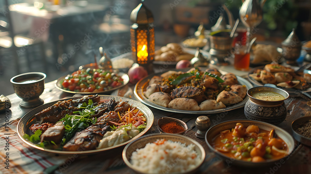 Arabic Cuisine Middle Eastern traditional lunch, It;s also Ramadan, hyperrealistic food photography