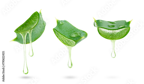 Set of aloe vera gel dripping from sliced leaves isolated on white background