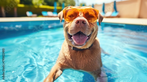 A dog enjoys a vacation at the swimming pool, splashing and having a paw-some time. Ai Generated. photo