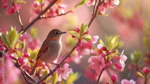 A nightingale perches on a blossoming tree, its song a melody of spring's beauty. Ai Generated.