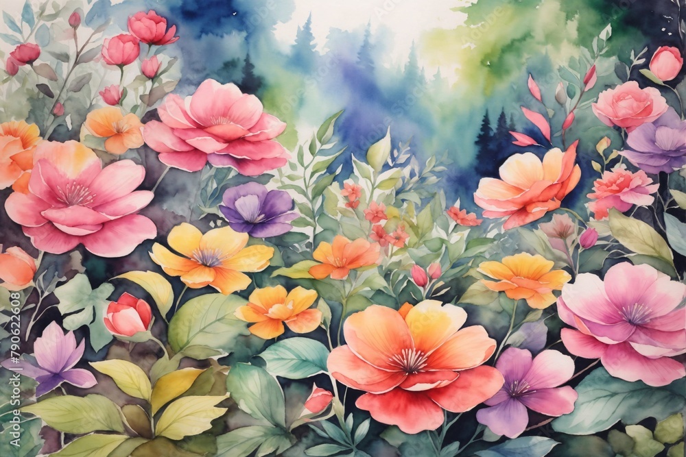Watercolor Flower Garden Landscape, Watercolor Flowers Garden Wallpaper, Watercolor Painting of Colorful Flowers, Watercolor Flower Field Background, AI Generative