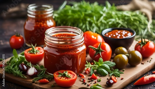 Traditional chili sauce in a glass jar with fresh herbs, tomatoes and olive oil. 