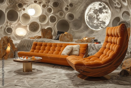 1960s moon base lounge, astronauts, retro furniture, space-age cocktails photo