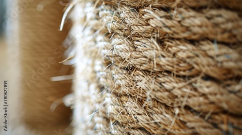 A close-up view of a large, sturdy cat scratching post made of natural beige sisal material. Generative AI.