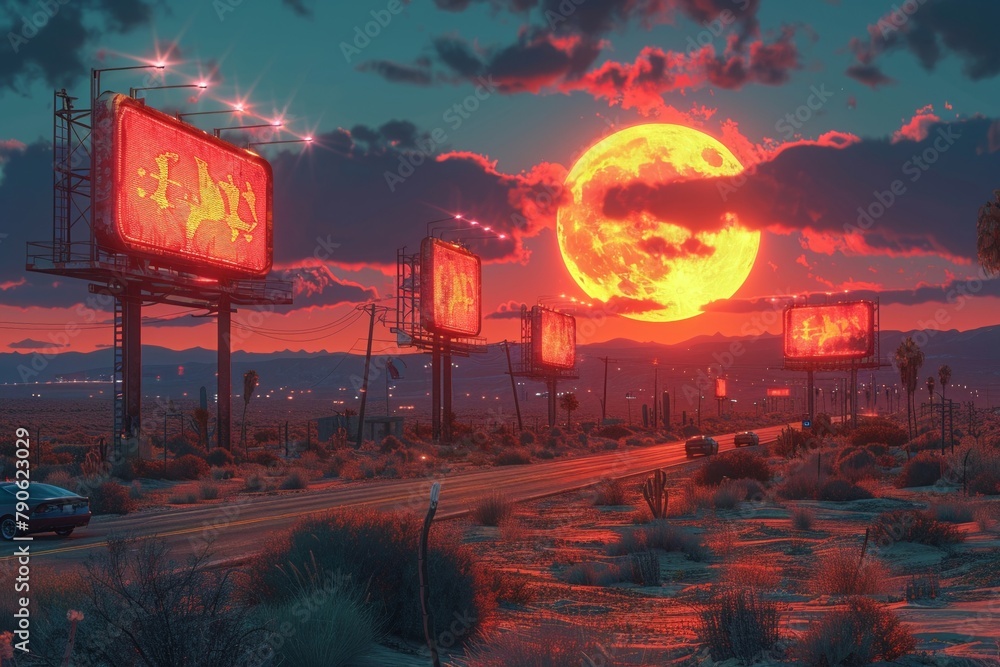 Obraz premium Retro futuristic highway, hovercars, neon billboards, desert landscape