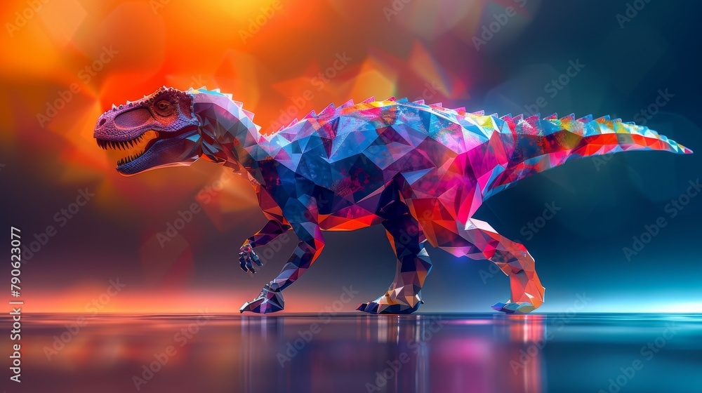 A colorful 3D rendering of a Tyrannosaurus Rex made of crystals. - obrazy, fototapety, plakaty 