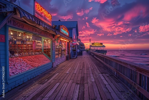 Retro seaside boardwalk, games, saltwater taffy, sunset views  photo