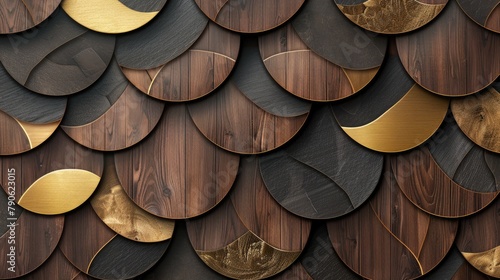 Fototapeta Naklejka Na Ścianę i Meble -  Elevate your space with a 3D wallpaper mimicking a luxurious wood and gold mosaic decor. Ai Generated.